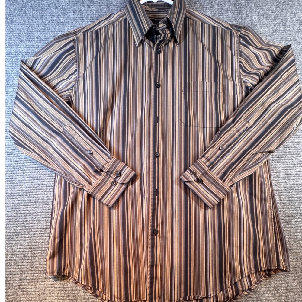 Kenneth Roberts Platinum Mens Striped Button Up Shirt L‎ 100% Cotton Long Sleeve
